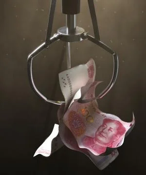 Yuan Notes In A Robotic Claw Foto stock