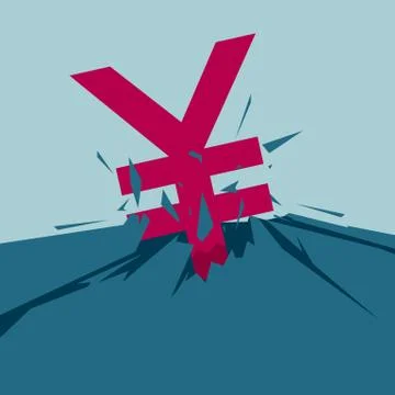 The yuan  symbol is in the cracked ground. Isolated on blue background. Illustrazione stock