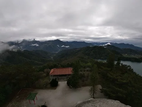 Yuchi, Taiwan – 2019, Dec 30: Mountain Landscape and Building at Sun Moon Lake Stock Footage 343473093