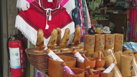 Yuchi, Taiwan – 2019, Dec 30: Crafts and Wooden Sculptures at Ita Thau Market Stock Footage 345346013