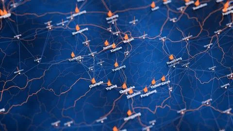 Yueyang map big data visualization. Futuristic map infographic of city in China Stock Illustration