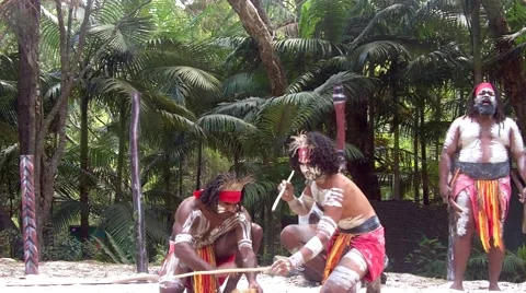 Yugambeh Aboriginal men warriors demonstrate  fire making craft during Abori Stock Footage 44553957