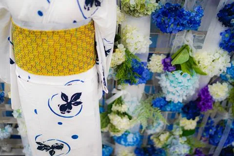 Yukata and Hydrangea Stock Photos
