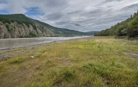Yukon River with Distant view of Dawson City Stock Photos