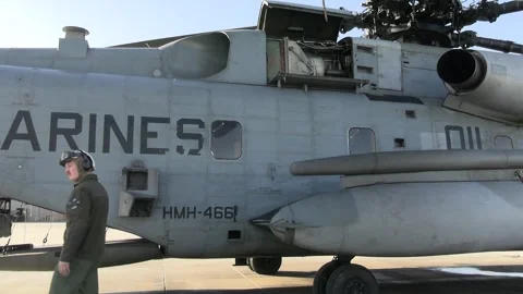 YUMA - 2.3.2026 - US Marines inspect a CH-53E Super Stallion, including its Stock Footage 341666005