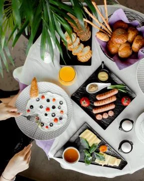 Yummy breakfast set top view Stock Photos