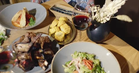 Yummy eastern cuisine served in the restaurant. Georgian food Stock Footage 320469564