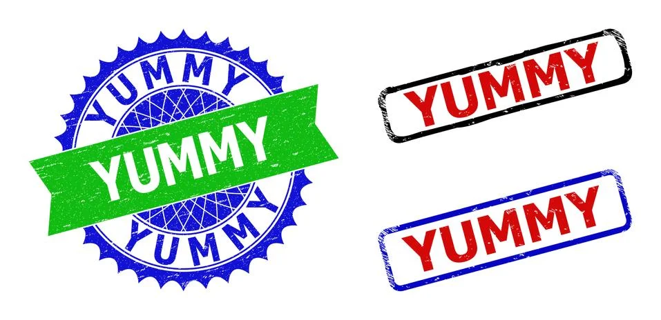 YUMMY Rosette and Rectangle Bicolor Badges with Unclean Styles Stock Illustration