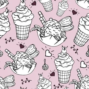 Yummy things repeated on paper with ice cream and fir decorations Stock Illustration