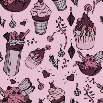 Yummy things repeated on paper with ice cream and fir decorations Stock Illustration