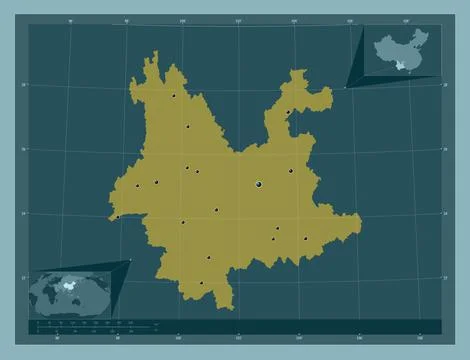 Yunnan, China. Solid color shape. Locations of major cities of the region Stock Illustration