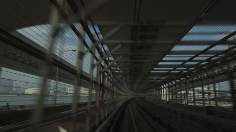 Yurikamome elevated train line, Tokyo, Minato, Odaiba. The rainbow bridge. Urban 스톡 동영상 92014693