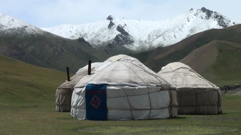 Yurt camp in rough mountain setting in Central Asia Video stock 29461825