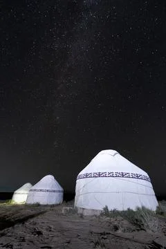 Yurt camp under the starry night Stock Photos