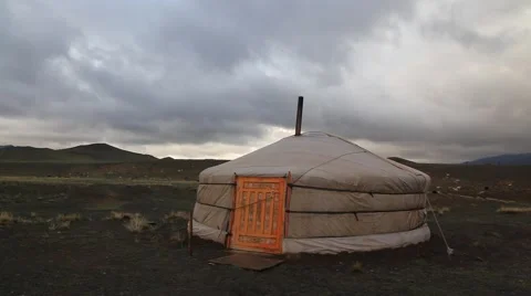 Yurt in the steppe under the rain clouds. Mongolia. Stock Footage 66256785
