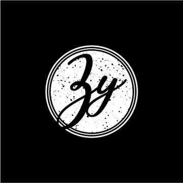 Z Y Initial Handwriting In Black and White Circle Frame Design Stock Illustration