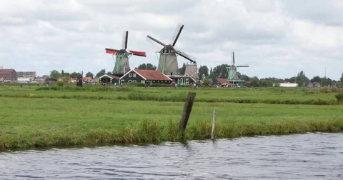 Zaanse Schans and its windmills landscape, Netherlands, Holland. Real Time. Stock Footage 78962211