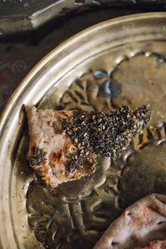 Za'atar Bread on brass tray Stock Photos