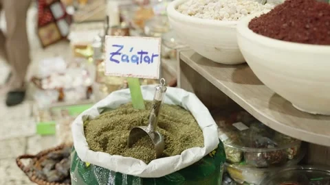 Zaatar spice mix special in bazaar stand in Jerusalem's Old City street market Stock Footage 253105666