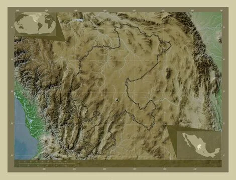 Zacatecas, Mexico. Elevation map colored in wiki style with lakes and rivers Stock Illustration