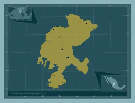 Zacatecas, Mexico. Solid color shape. Locations of major cities of the region Stock Illustration