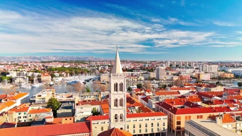 Zadar Croatia Drone Pull Back Revealing St Donatus Church and Roman Forum Stock Footage 340159046