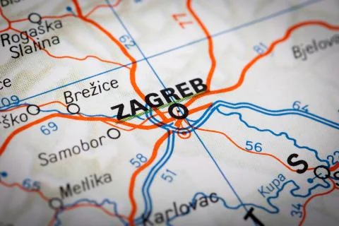 Zagreb on a road map Stock Photos