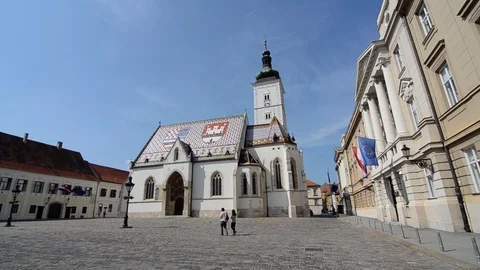 Zagreb, St. Mark's Square and Church, Government and Parliament Stock Footage 89877780