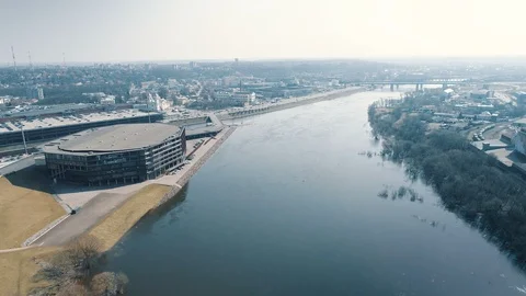 Zalgiris Arena in Kaunas, Lithuania, next to River Nemunas, Aerial View Stock Footage 88624079
