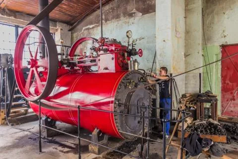 ZAMBERK, CZECHIA - SEPTEMBER 15, 2018: Running steam engine in the Old Machin Stock Photos