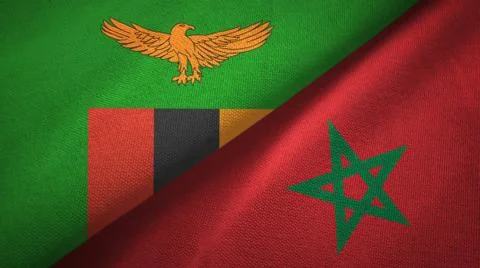 Zambia and Morocco two flags textile cloth, fabric texture Stock Illustration