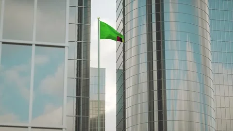 Zambia Flag 3D Render Animation on Pole with City Buildings Stock Footage 332314002