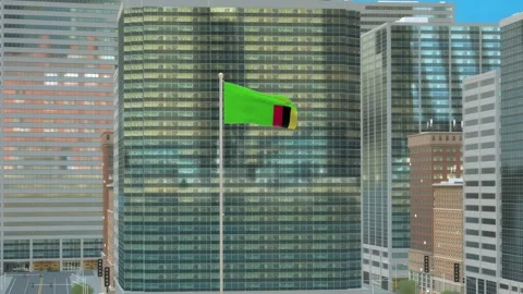 Zambia Flag 3D Render Animation on Pole with Modern Business District Buildi Video stock 332878903