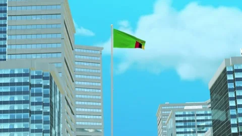 Zambia Flag 3D Render Animation with Urban Architecture and Clear Blue Sky Stock-Footage 332947631