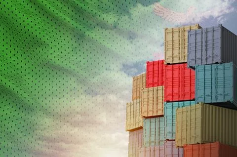 Zambia flag and big stack of shipping cargo containers in docks with sky Foto stock