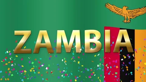 Zambia Flag Animation with Gold Text and Falling Colorful Confetti Stock Footage 342317831