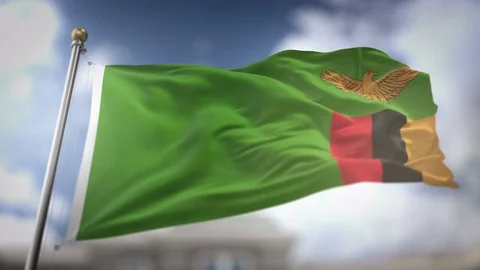 Zambia Flag Waving Slow Motion 3D Rendering Blue Sky Background - Seamless .. Stock Footage 75648293