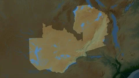 Zambia highlighted on a Colored elevation map with lakes and rivers Stock Illustration