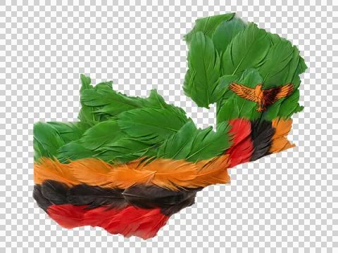 Zambia map flag with feathers on transparent background, 3d rendering. Stock Illustration