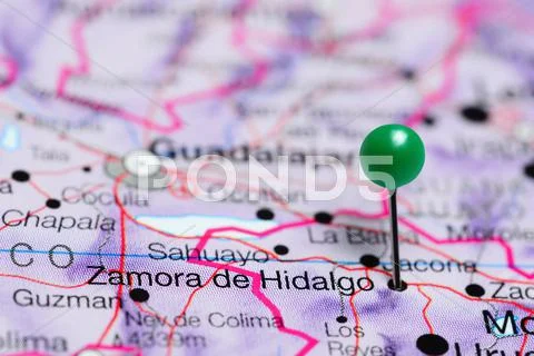Zamora de Hidalgo pinned on a map of Mexico Stock Photos