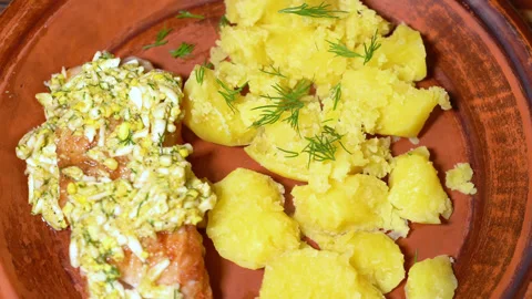 Zander fillets with potatoes on a plate Stock Footage 253564691