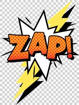 ZAP! is bursting in comic-style with white burst, yellow lightning bolts on Stock Illustration