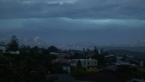 Zap of lightning over Sydney harbour bridge in the evening 6K Stock Footage 298095057