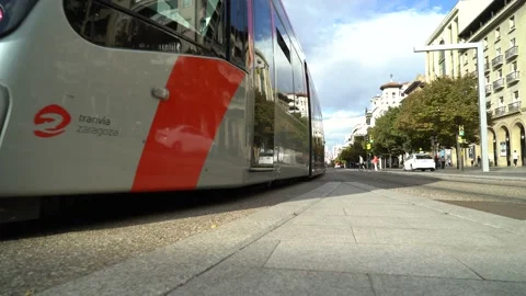 Zaragoza tram passing at ground level Stock Footage 162099876
