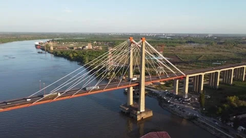 Zarate Brazo Largo complex seen from a drone with the Parana River Stock-Footage 296540401
