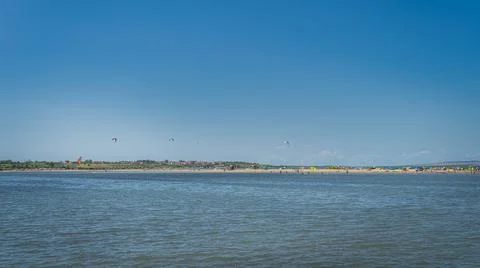 Zdrijac beach between Nin bay and Adriatic Sea with kite surfers, relaxing an Stock Photos