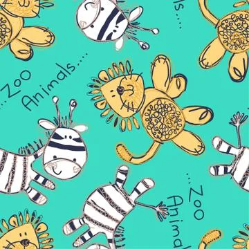 Zebra and lion seamless pattern with embroidery Stock Illustration