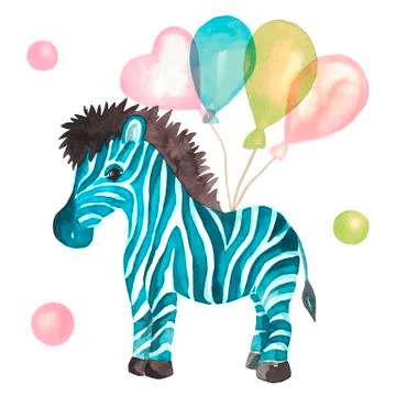 Zebra baby blue with balloons. Kids design for birthday party Vector Stock Illustration