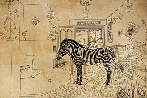 Zebra in a cafe. Hand drawn black and white illustration. Stock Illustration