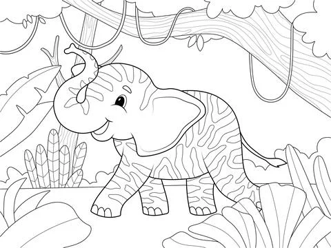 Zebra colored elephant in the African forest. Children cheerful character Stock Illustration